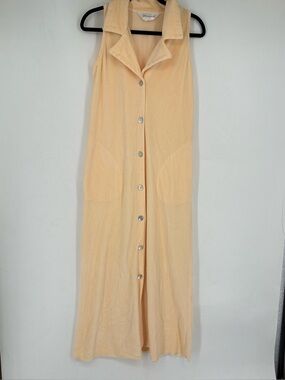 Vintage 90s Diamond Tea Velour Long Maxi Button Up Collar Orange Sleeveless Robe